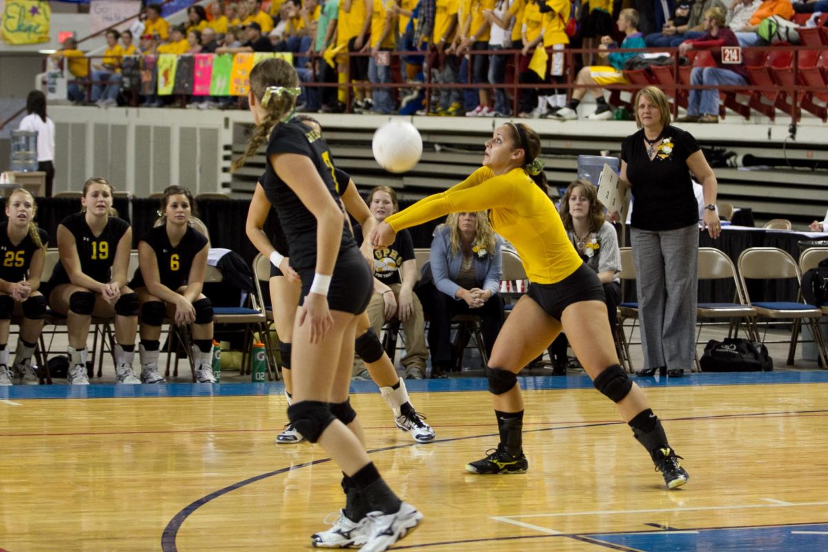 #5 Leann Patterson executes a pass in serve reception during the 2010 3A State Tournament