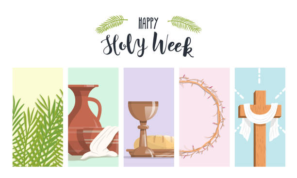 Holy Week banner with palm branches, the washing of the feet, the last supper, crown of thorns and the cross. Vector illustration